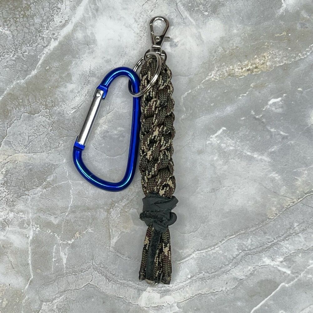 Paracord & Leather Braided Keychain Blue Carabiner Key Ring Swivel Clasp